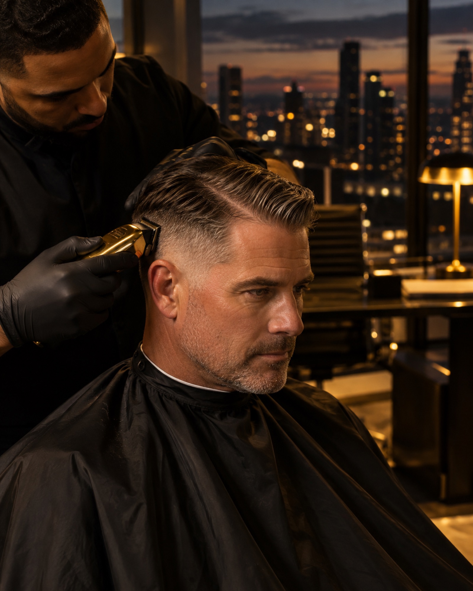 Ejecutivo con taper fade en su oficina