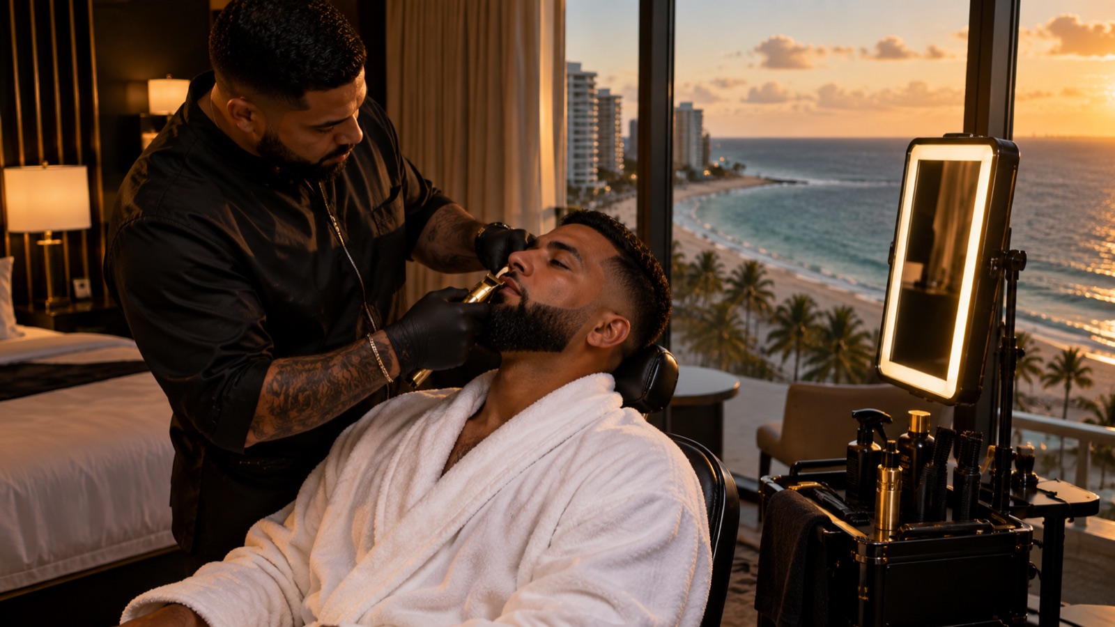 In-room hotel barber trimming a guest's beard in Isla Verde