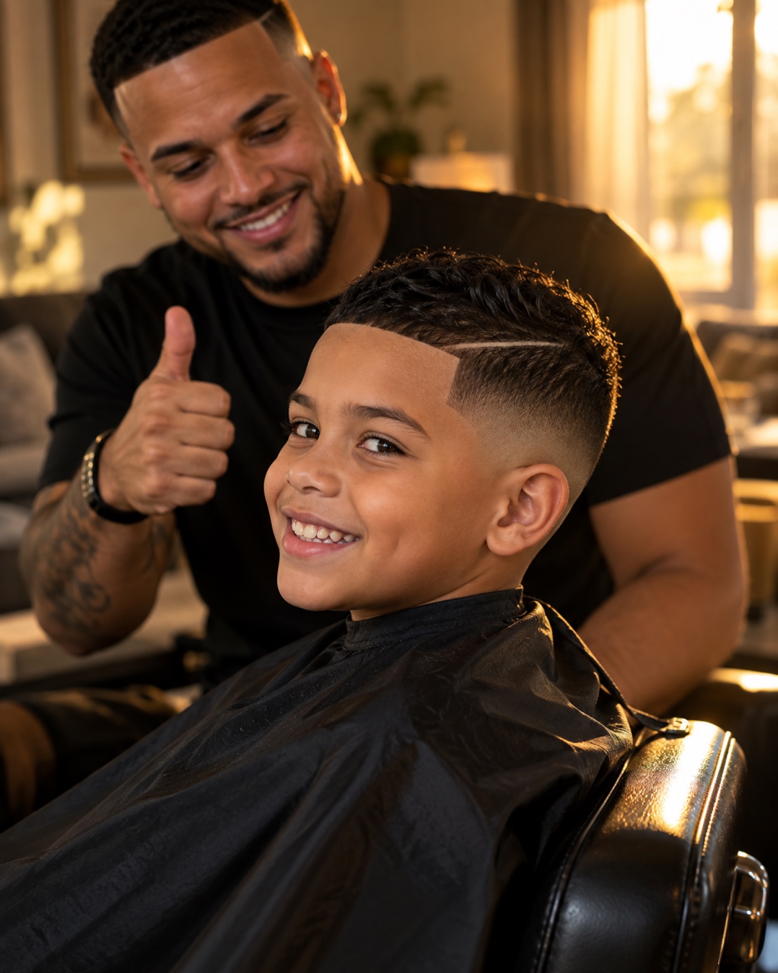 Nene con taper fade recién hecho en casa en San Juan