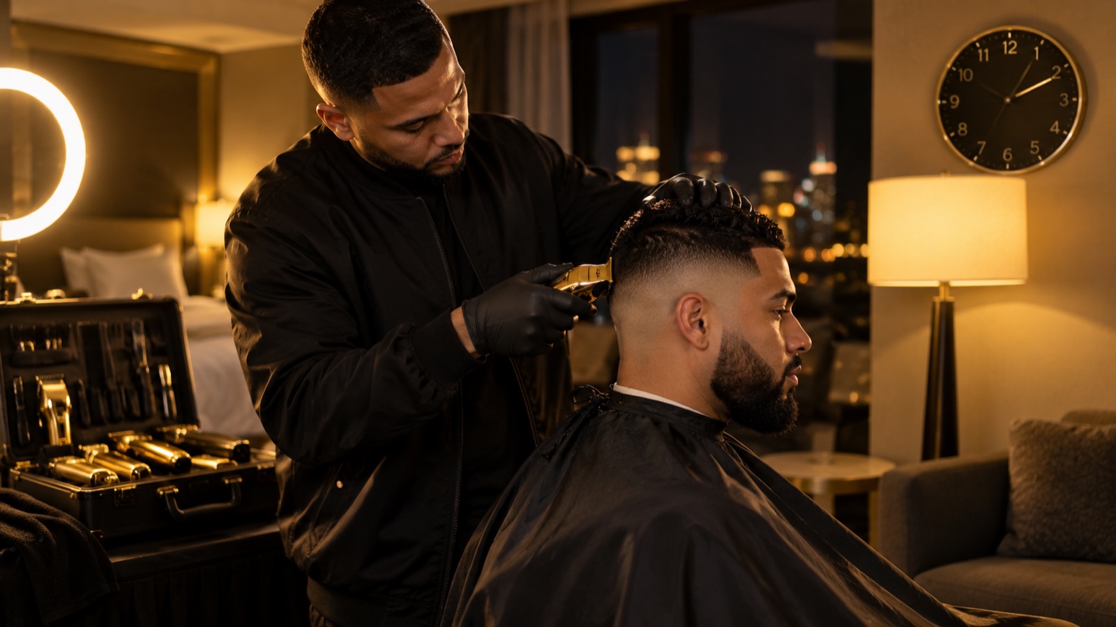 Late night skin fade in a San Juan hotel suite