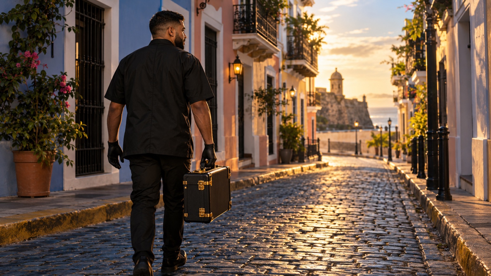 Mobile barber walking through Old San Juan with his case