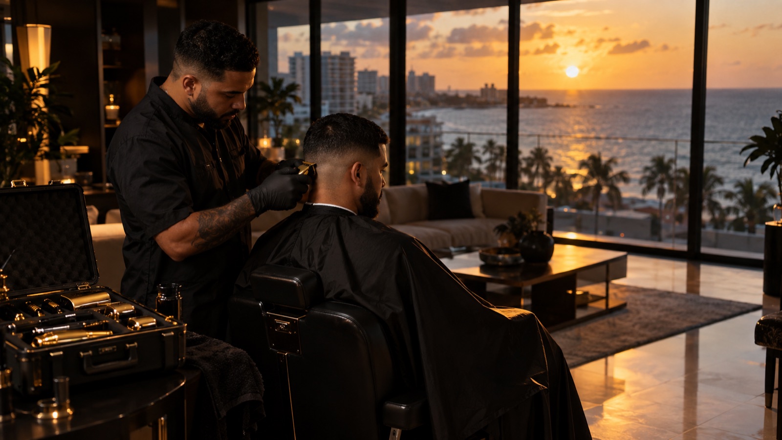 Mobile barber giving a skin fade in a Condado apartment in San Juan