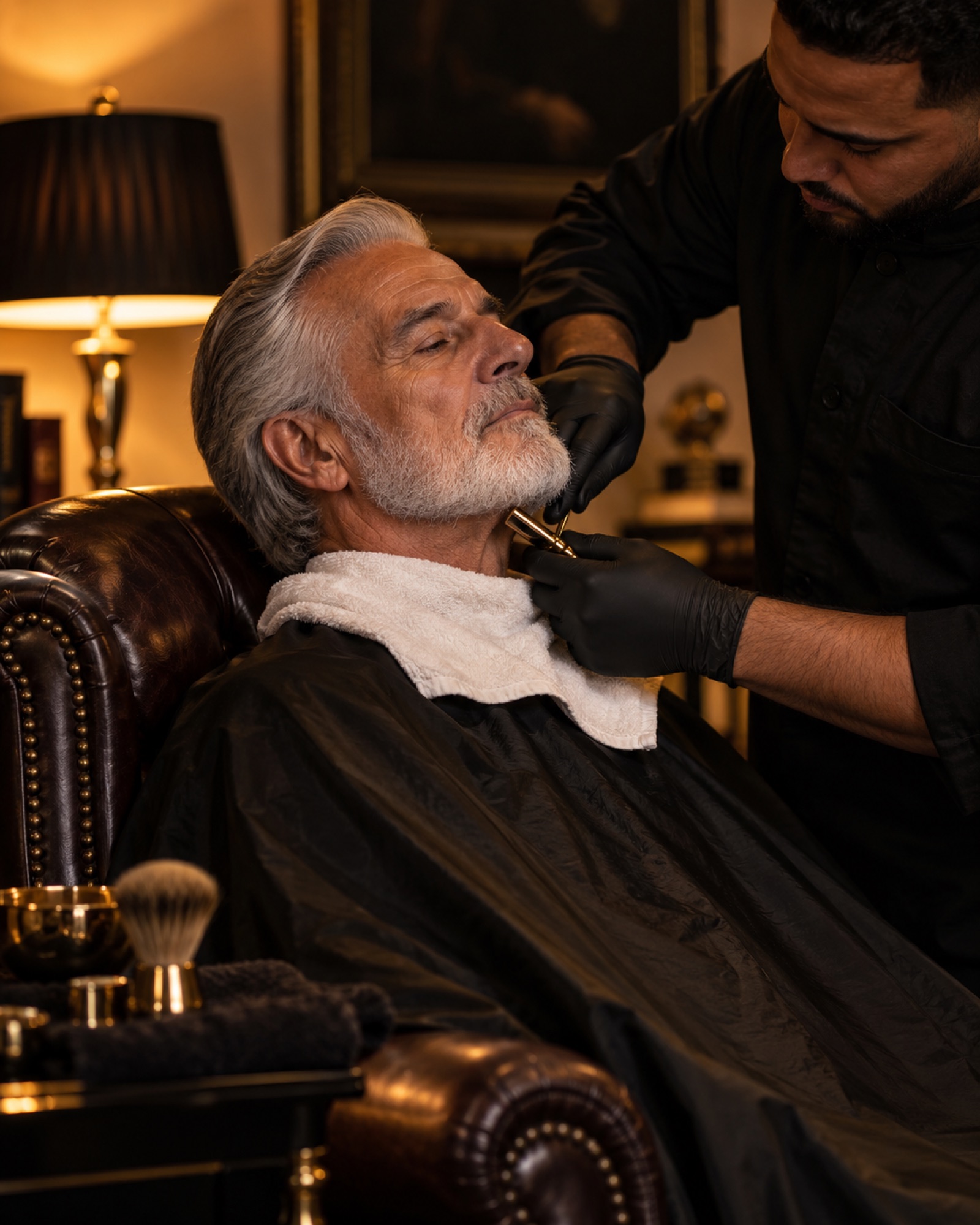 Silver-haired gentleman getting a scissor cut at home