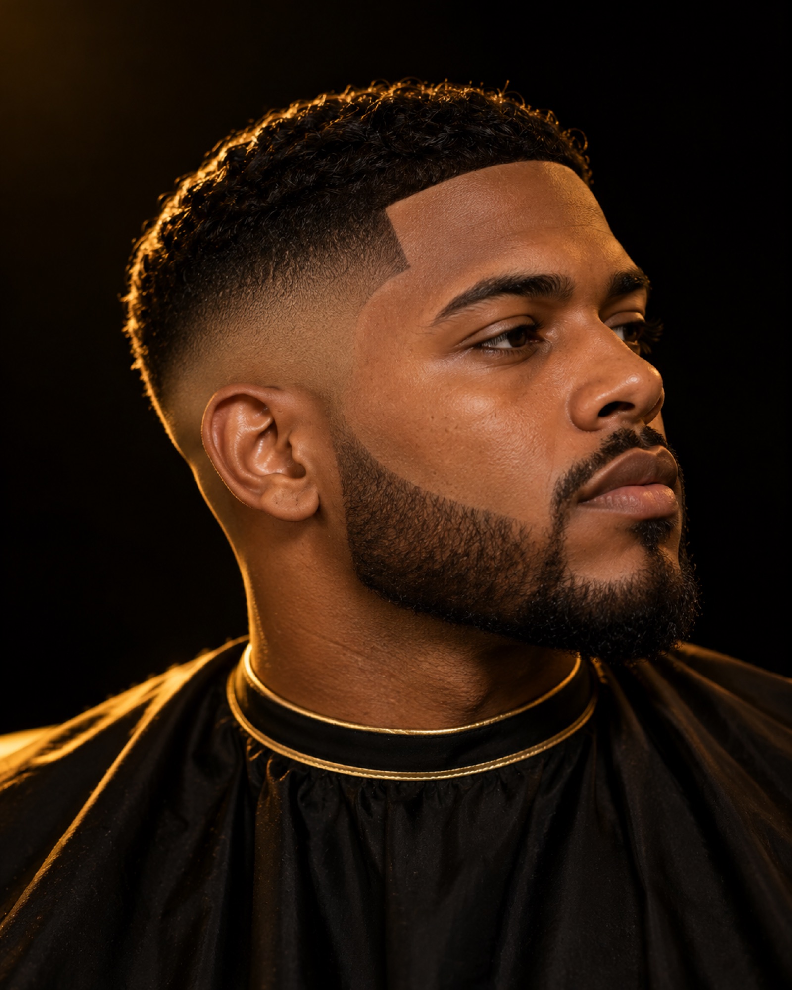 Marcado fino con low fade y barba difuminada