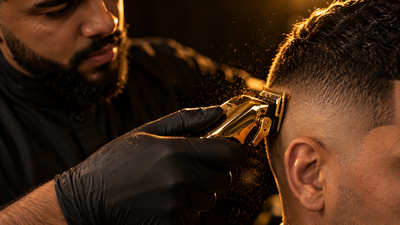 Primer plano de máquina dorada difuminando un skin fade
