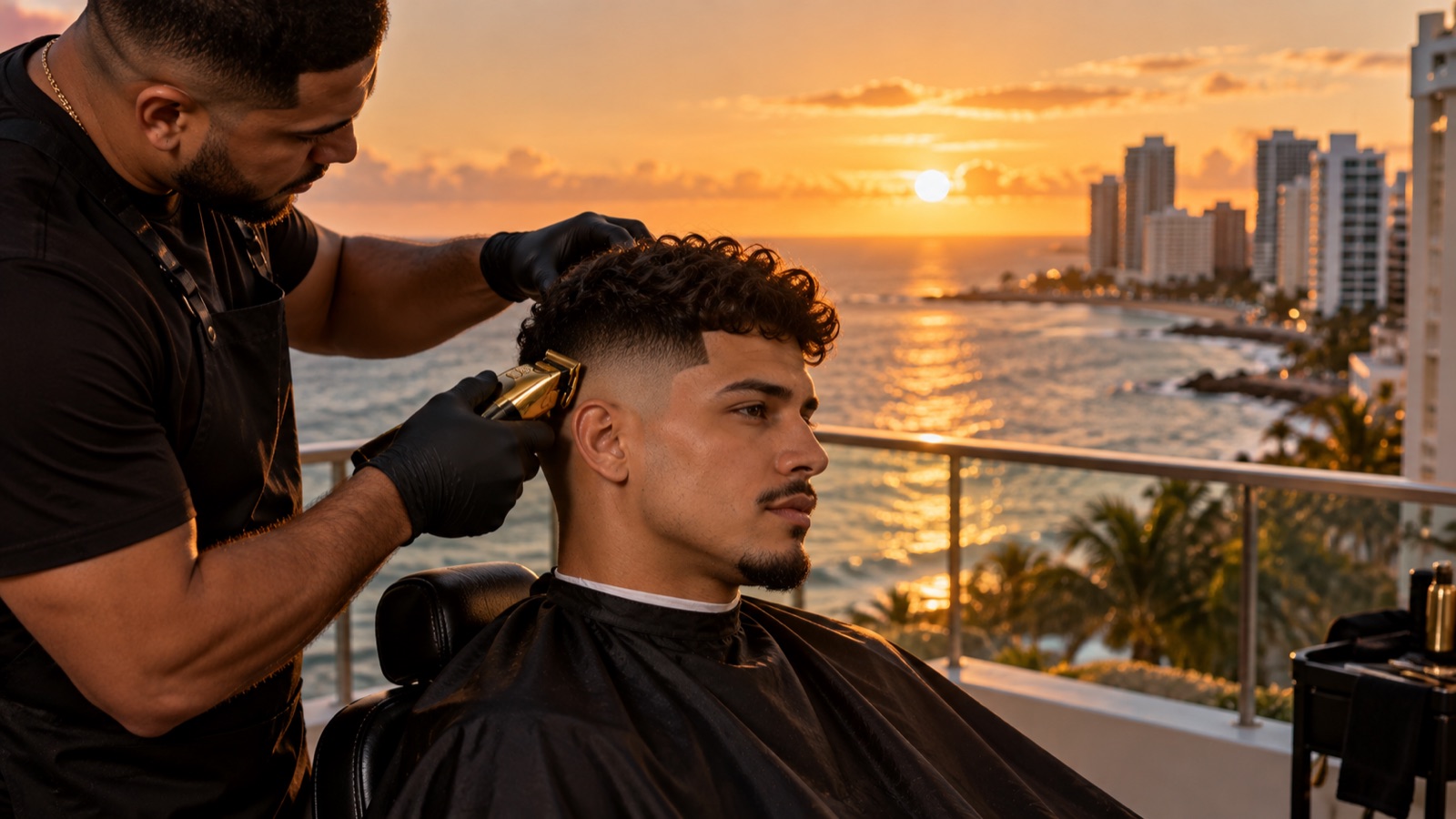 Taper fade en un balcón de Condado al atardecer