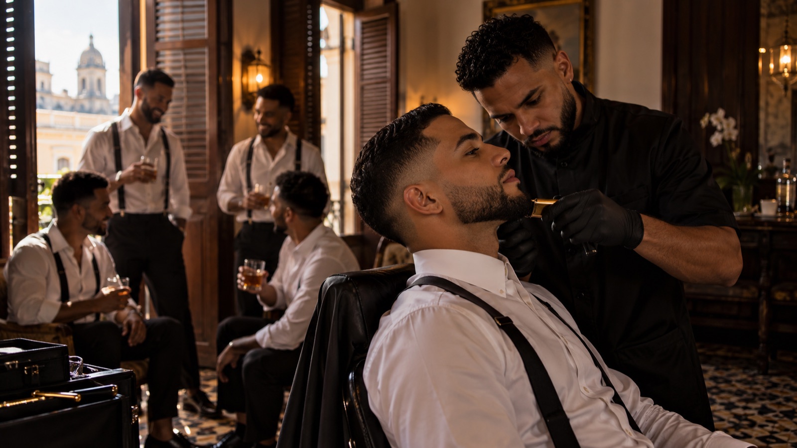Barbero de bodas terminando el recorte del novio en el Viejo San Juan